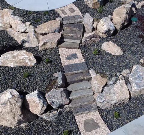 Stone stepping path through dark gravel with scattered rocks and small garden plants