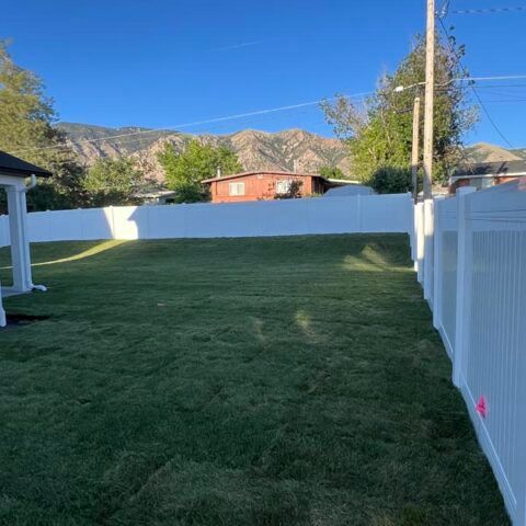 Backyard with green lawn, white vinyl fence, and mountains in the distance.