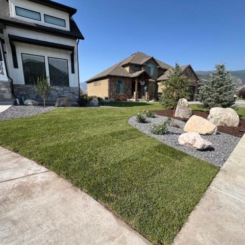 Landscaped front yard with green lawn, stone path, and large decorative rocks beside suburban homes