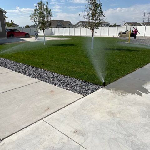 Sprinklers watering a green lawn in a suburban yard beside a sidewalk and street
