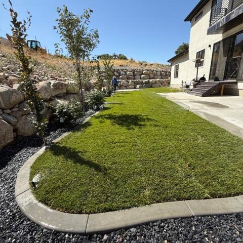 Curved green lawn beside a stone retaining wall and modern house on a sunny day