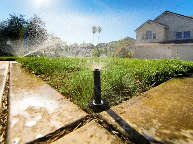 Sprinkler watering a green lawn beside concrete walkways and a house in sunlight