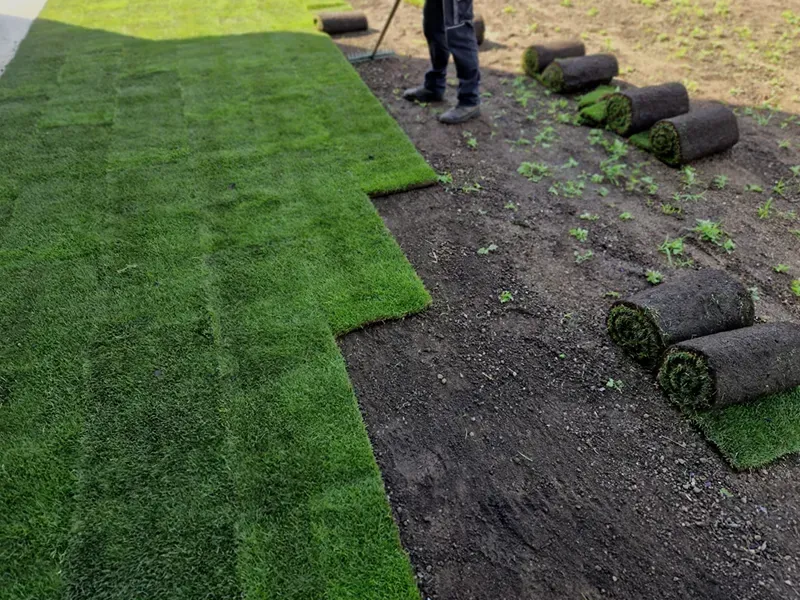 Person installing green artificial turf rolls beside a dirt strip outdoors.