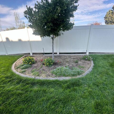 Small landscaped island with a tree and flowers surrounded by grass and bordered by a white fence.