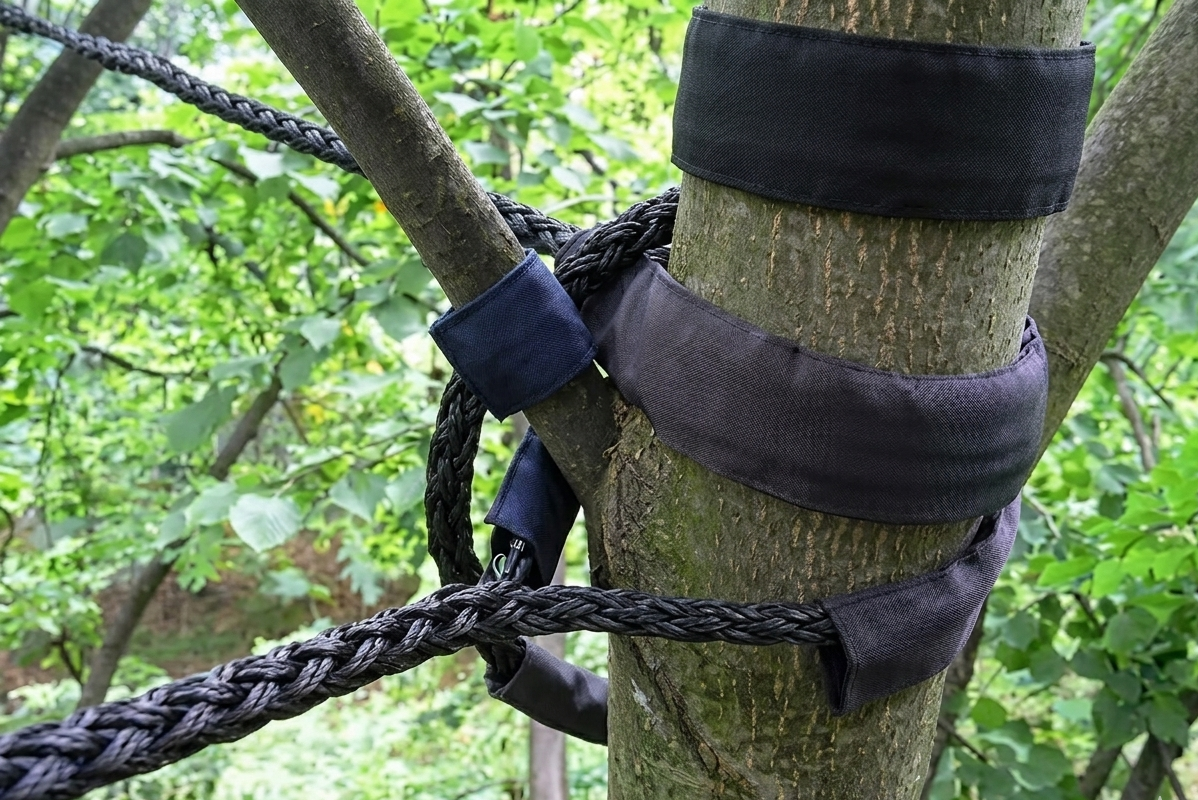Tree trunk secured with black straps and rope in a forest setting