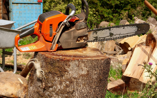 Orange chainsaw resting on a tree stump beside cut logs in an outdoor yard
