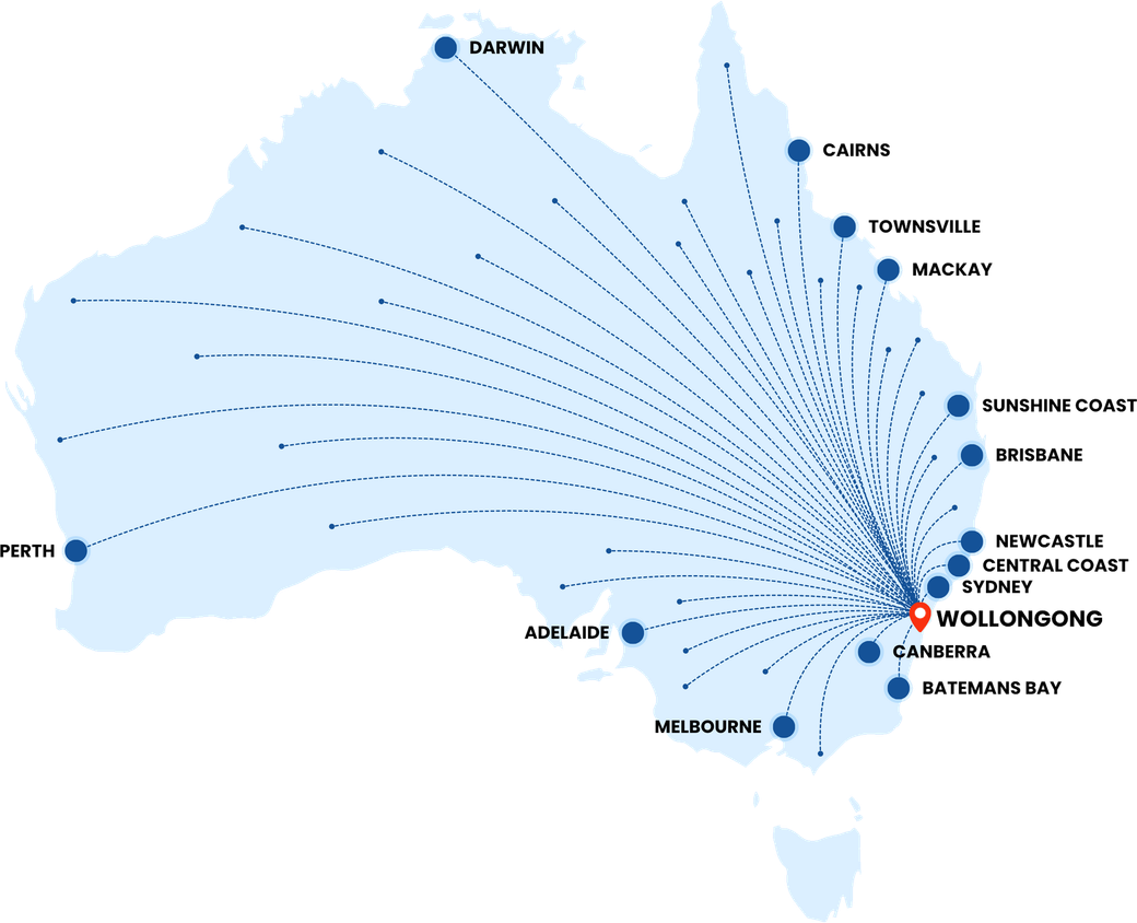 Map showing removalist services in Wollongong to or from Wollongong, including Wollongong to Shellharbour, Sydney, Central Coast, Newcastle, Brisbane, Sunshine Coast, Mackay. Townsville, Cairns, Darwin, Perth, Adelaide, Melbourne, Canberra, Batemans Bay, Nowra and surrounds.