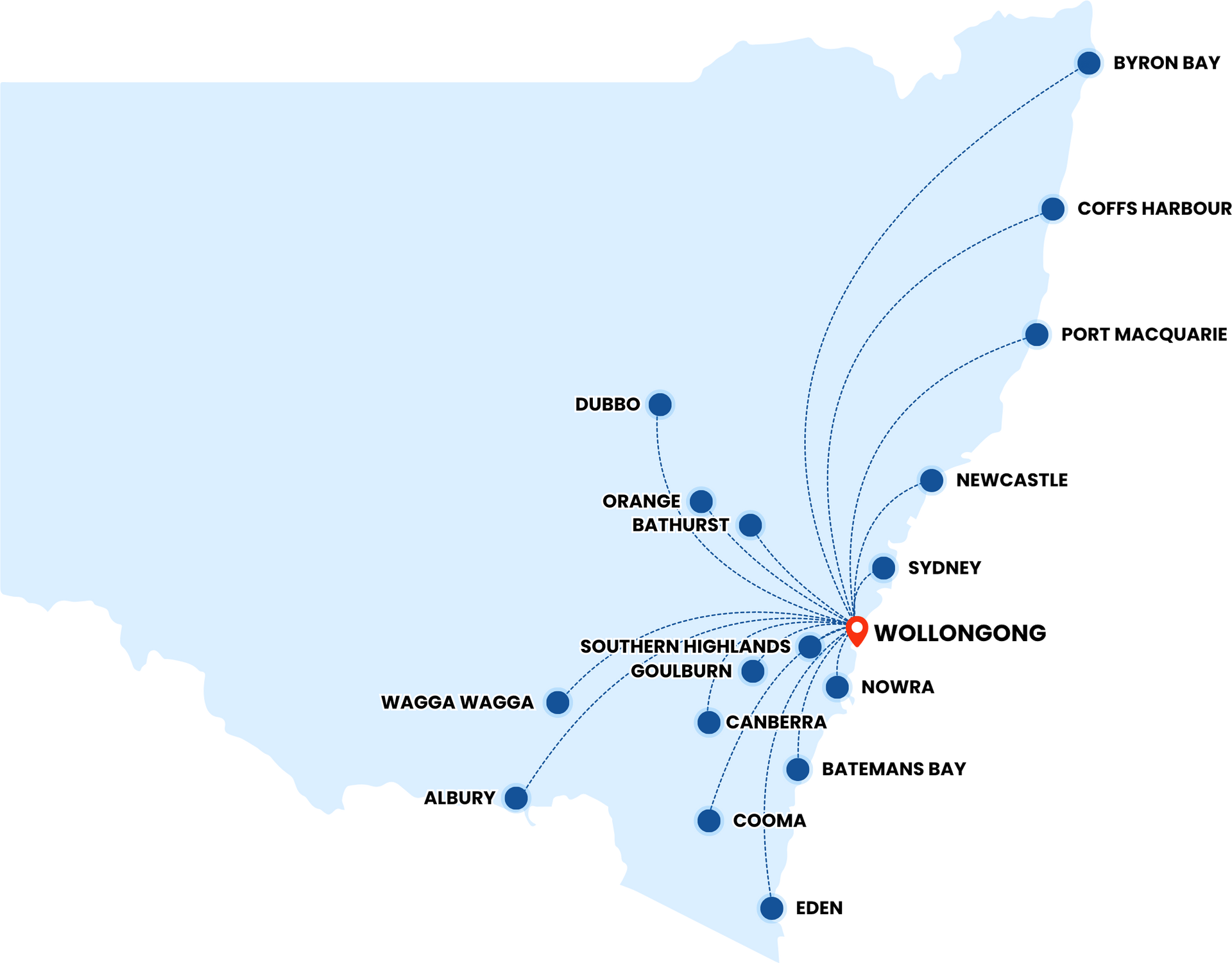 Wollongong revalist company service map moving to regional areas from Wollongong, including Wollongong to Byron Bay, Coffs Harbour, Port Macquarie, Newcastle, Sydney, Dubbo, Orange, Bathurst, Southern Highlands, Goulburn, Canberra, Nowra, Wagga Wagga, Albubury, Cooma and Eden
