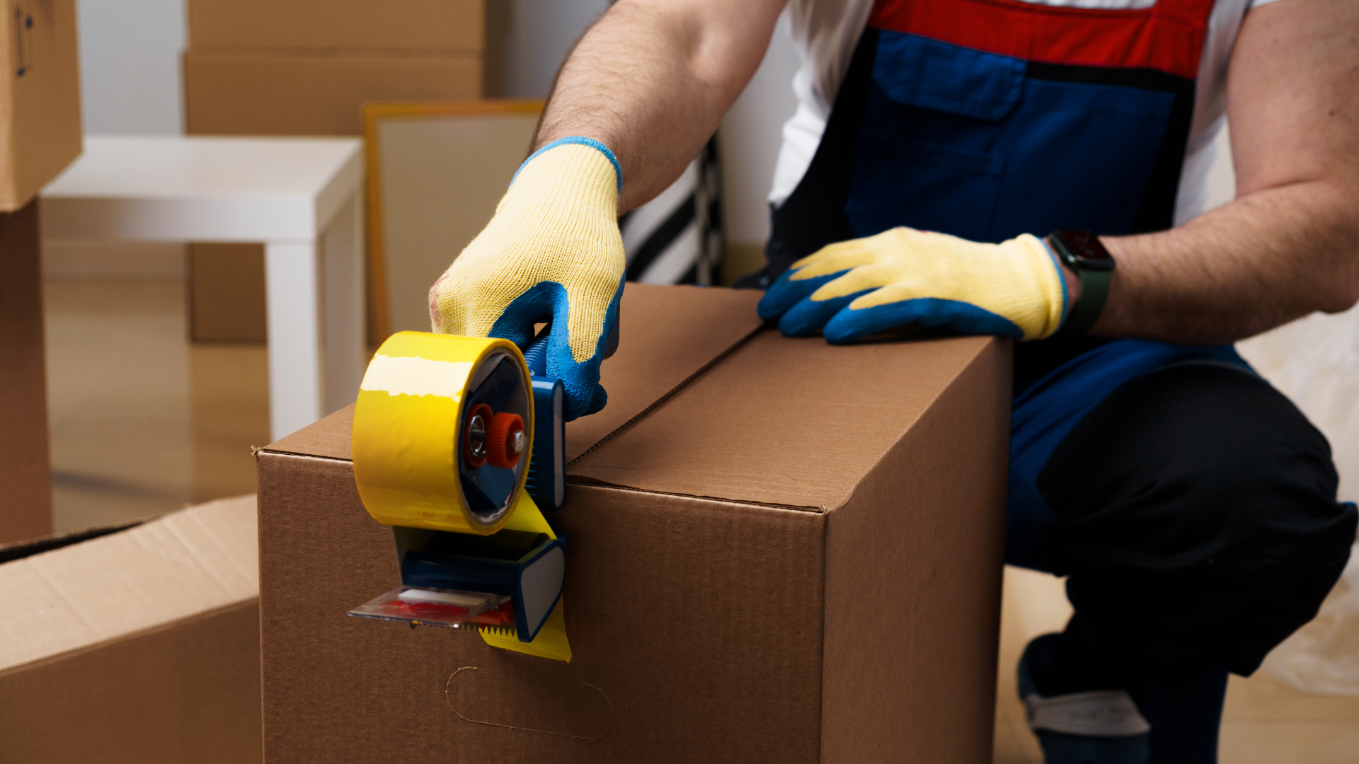 Person sealing a cardboard box with packing tape while wearing gloves.