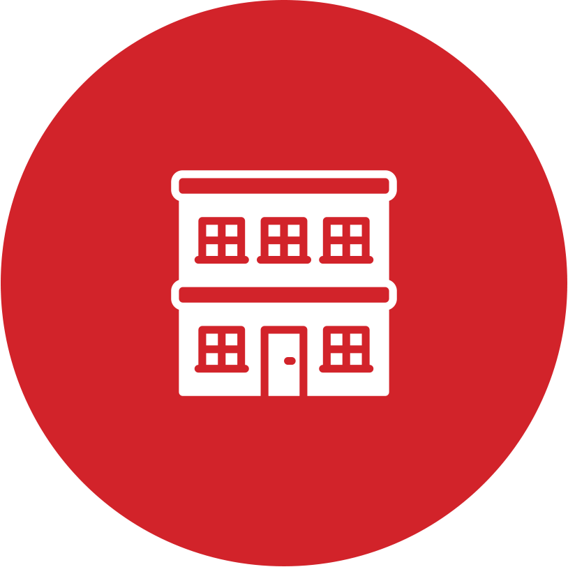 An icon of a house in a red circle.
