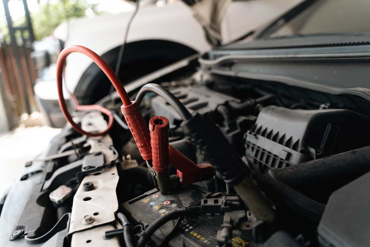 Close-up of battery terminals on a car battery