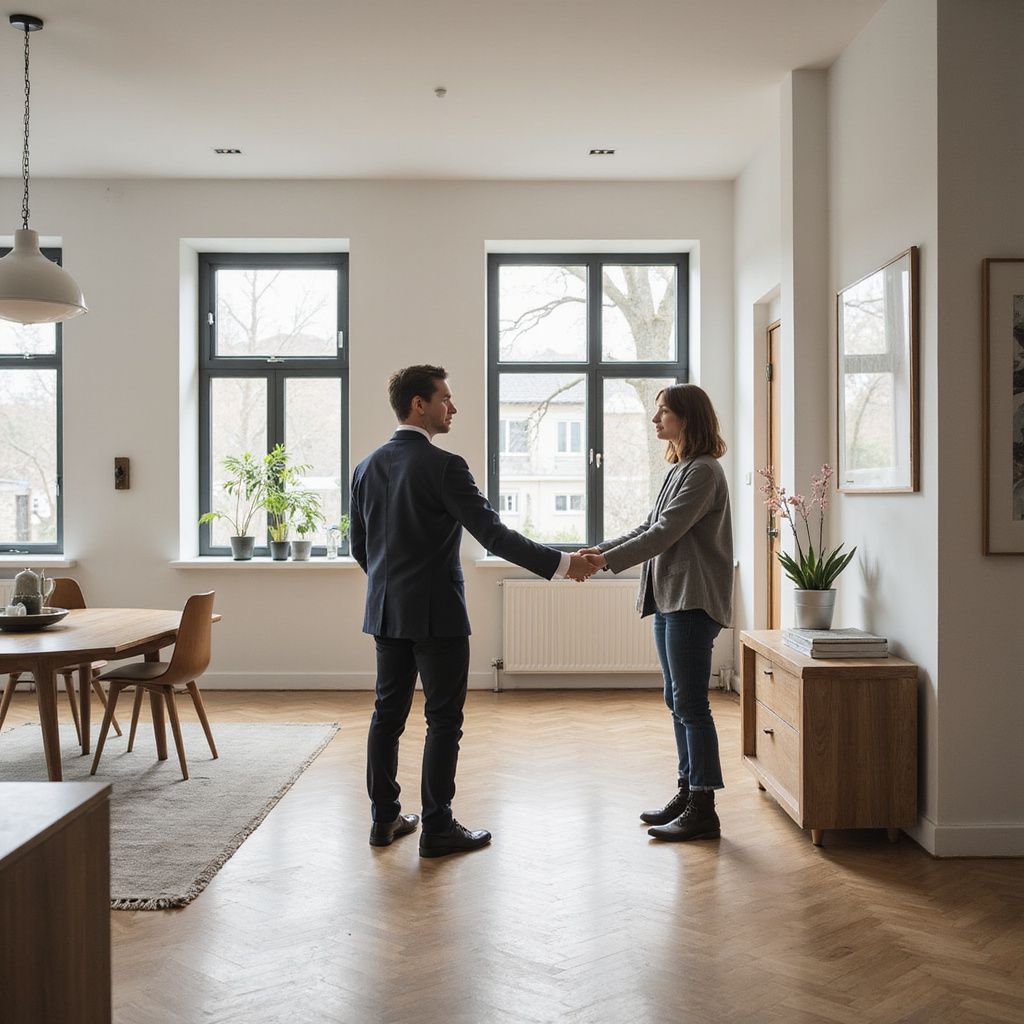 A man in a suit shakes hands with a woman in a bright, modern living room.