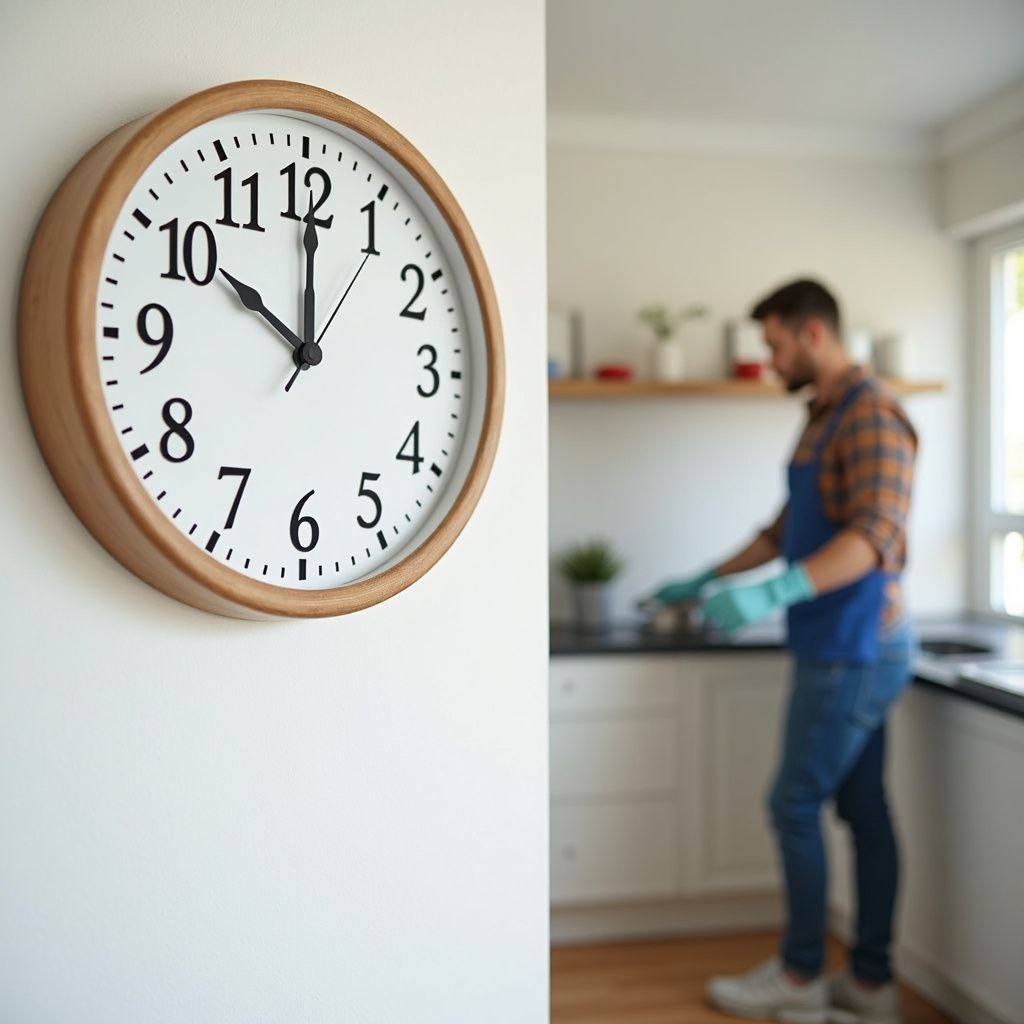 Clock on a wall showing 10:01, man in apron and gloves in a kitchen.