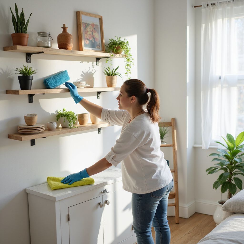 Woman cleaning shelves in a bright room with plants, wearing gloves and casual clothing.