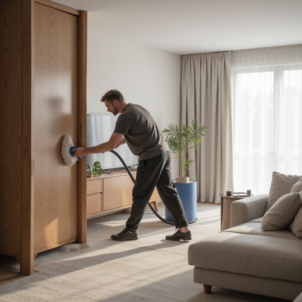 Man cleaning wooden cabinet door with a round attachment, room interior.