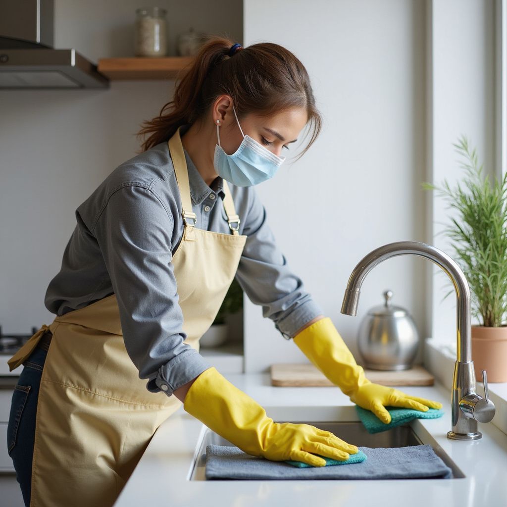 Woman in mask and gloves cleans a sink in a kitchen.