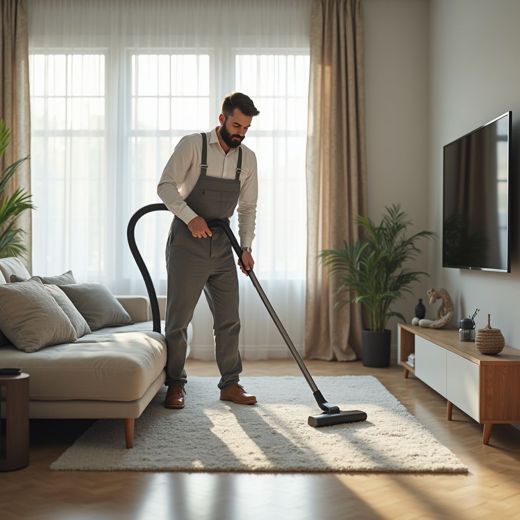 Man in overalls vacuuming a rug in a living room with a couch, TV, and plants.