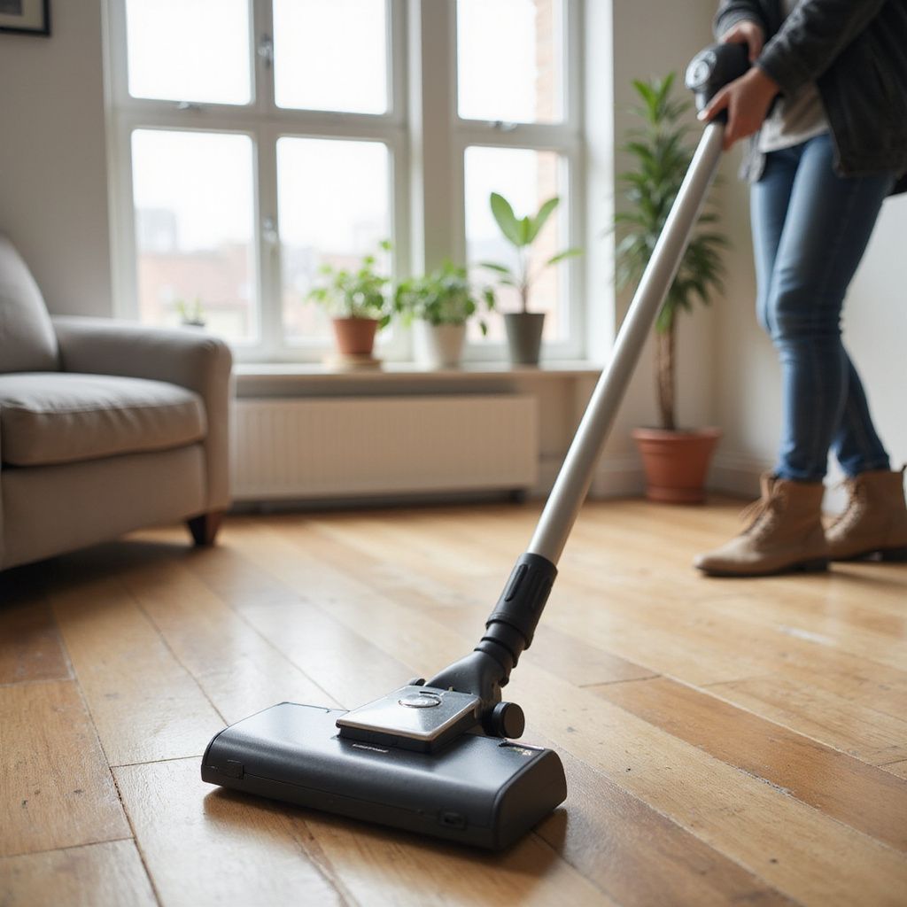 Person vacuuming a hardwood floor in a well-lit room with plants and a window.
