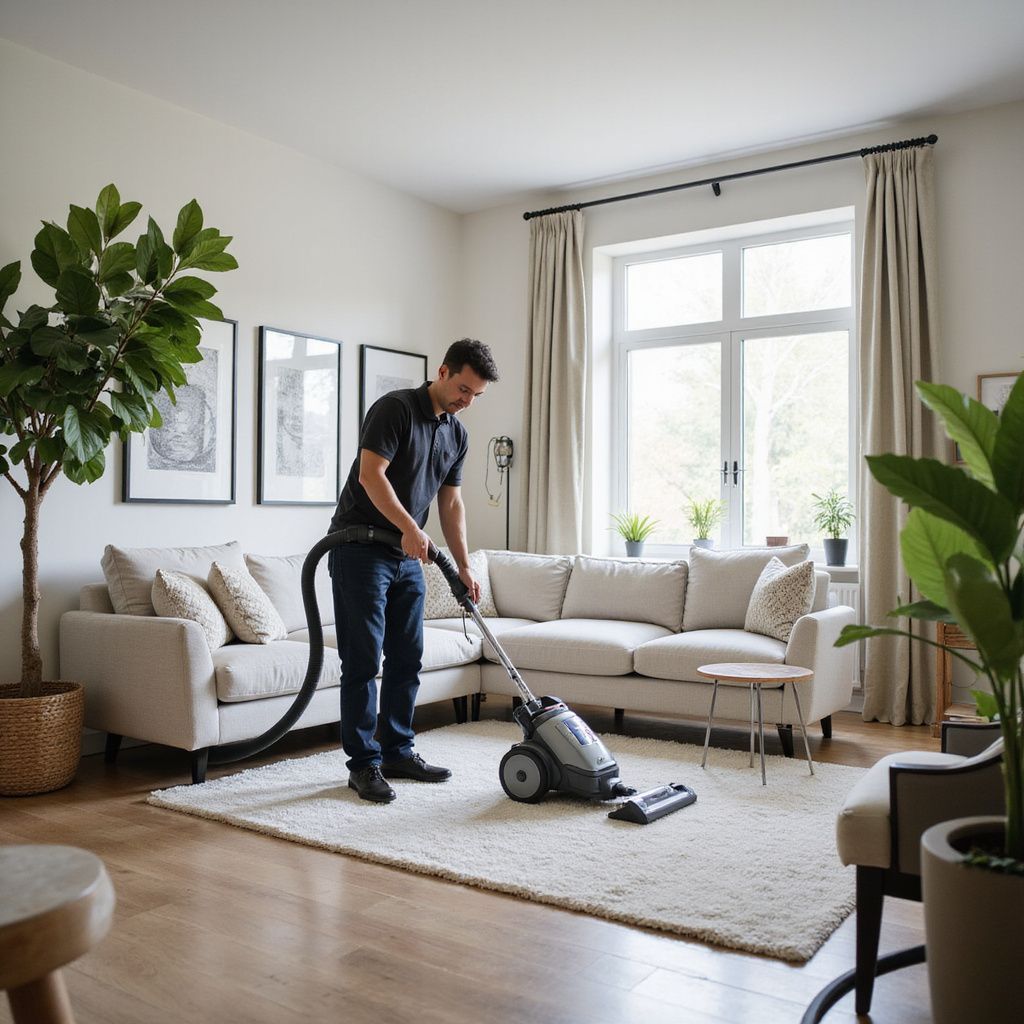 Man vacuuming a shaggy rug in a bright living room with a cream-colored sectional and large window.