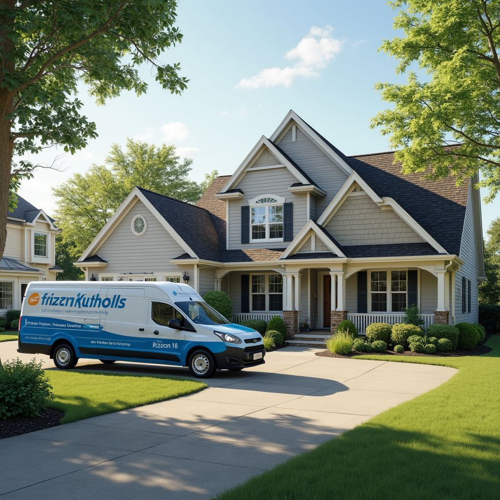 A service van parked in front of a two-story house with green lawn, trees, and blue sky.