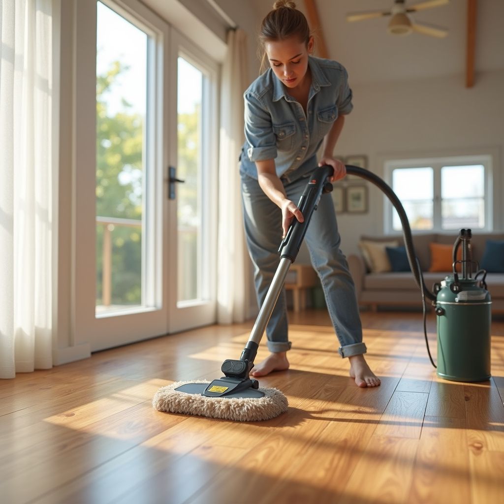 Woman vacuuming a hardwood floor in a well-lit living room, barefoot and wearing a denim shirt and jeans.