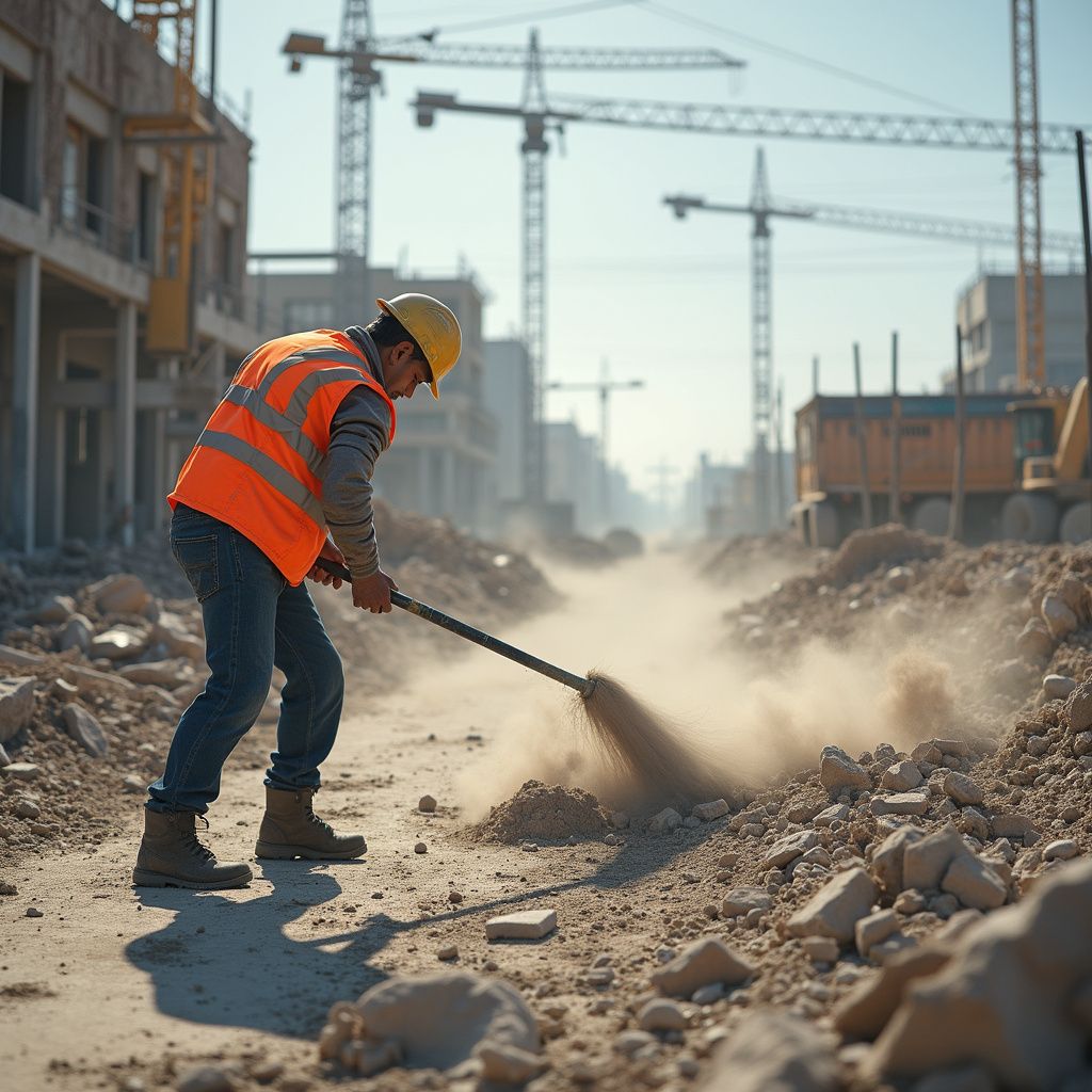 Construction worker sweeping dirt on a dusty construction site with cranes in background.