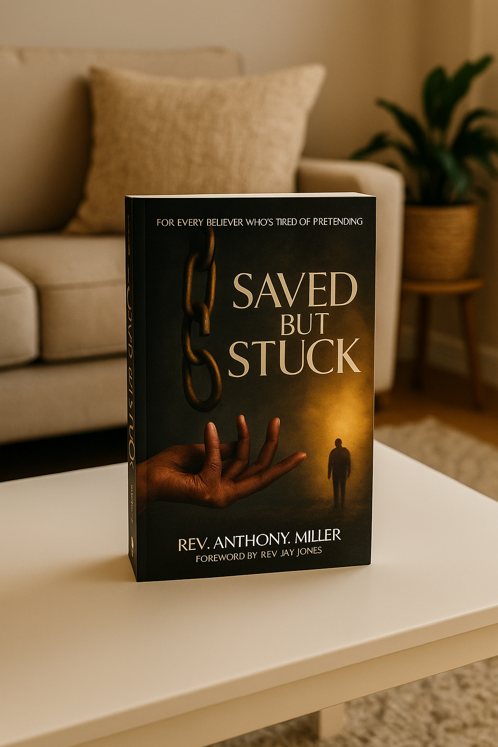 A book called saved but stuck is sitting on a table in a living room.