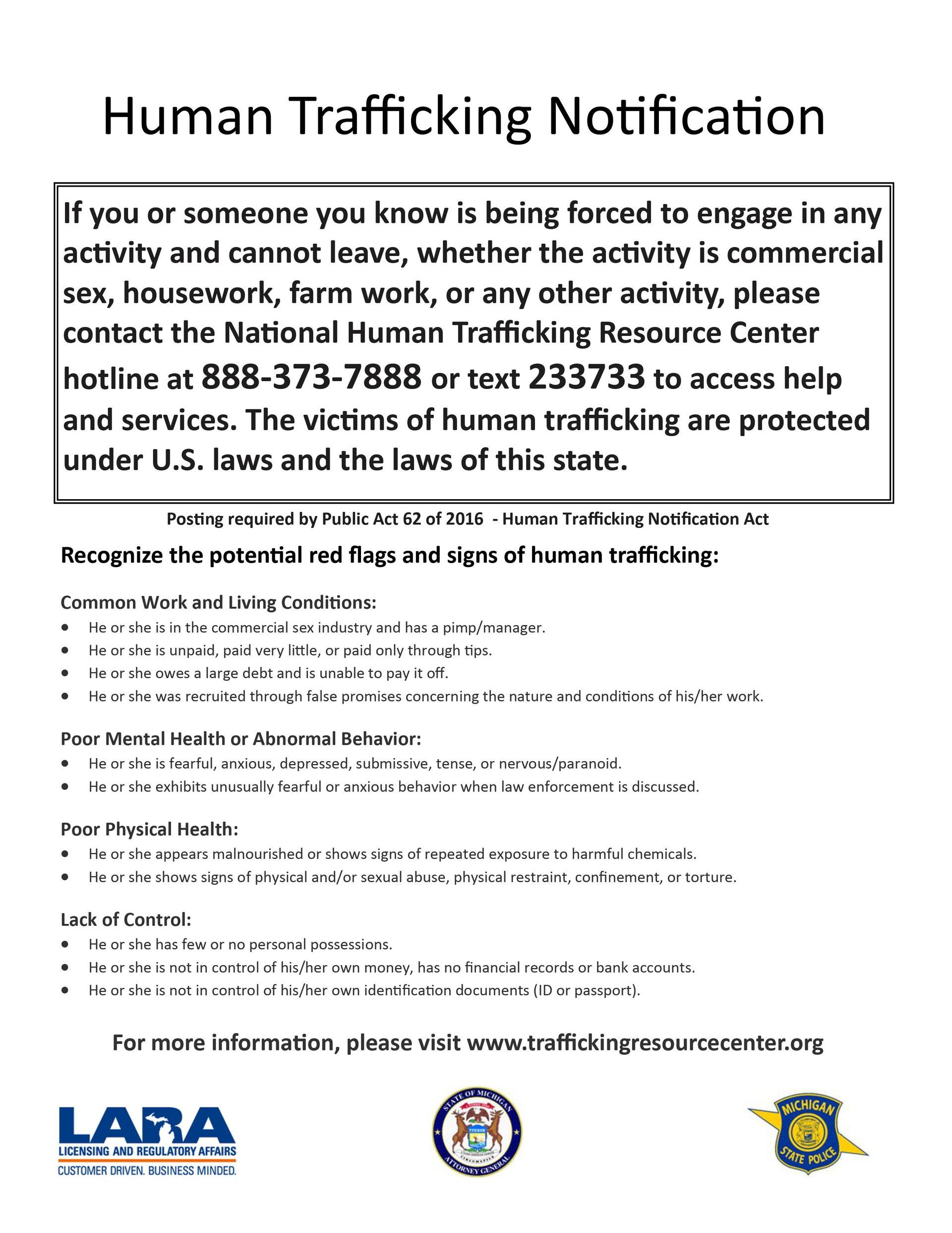 Human Trafficking Notification. Resource Center Hotline is 888-373-7888.