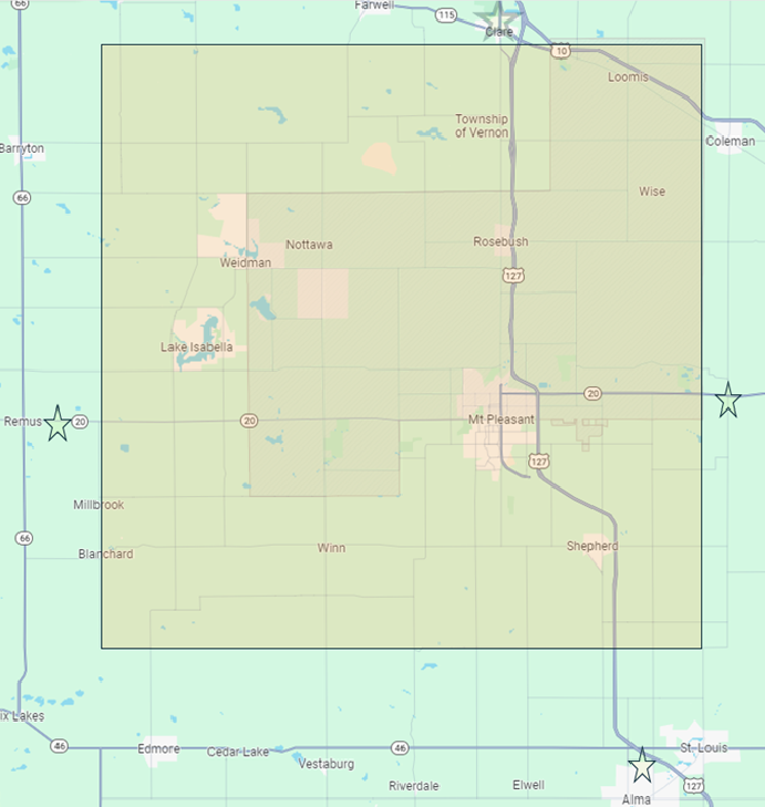 Picture of Isabella county map with the County Lines and within highlighted.