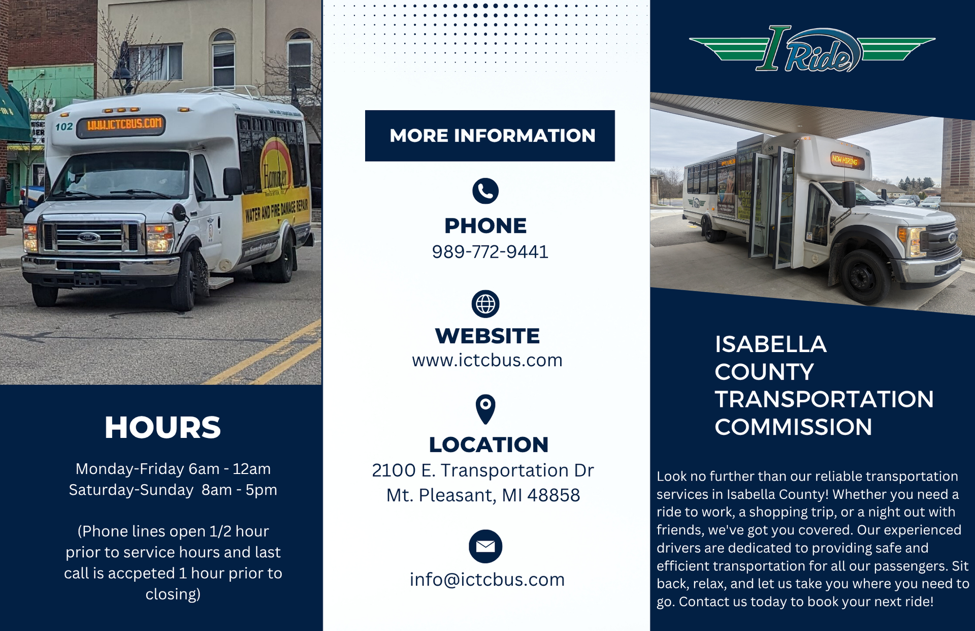 I-Ride Pamphlet. Hours of operation and Fare structure. 