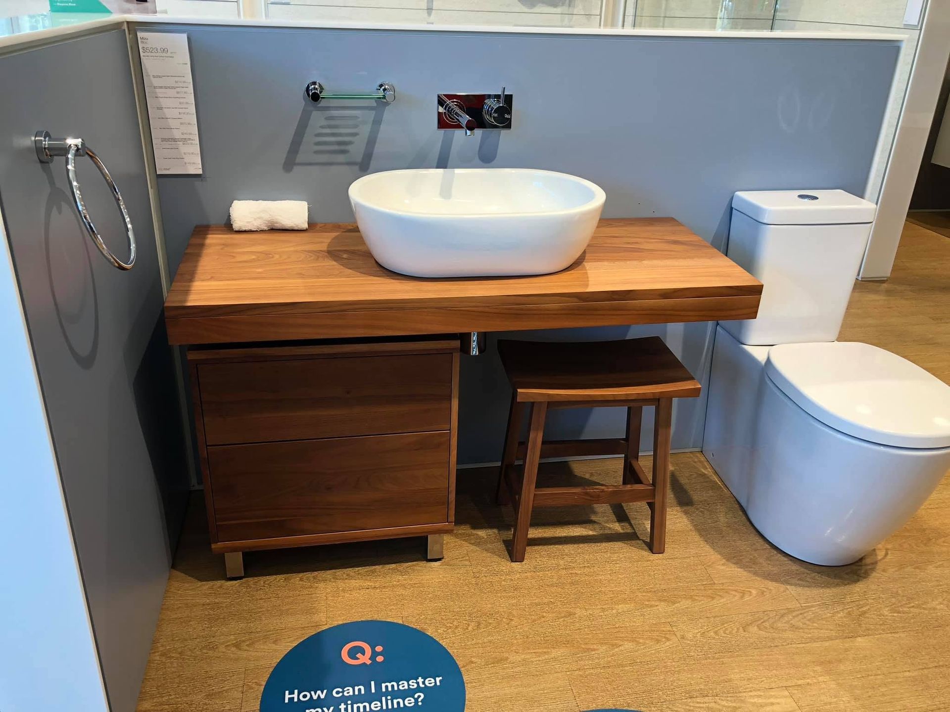 Modern Bathroom Vanity With Wooden Countertop— Piscopo Kitchens Plus In Forster, NSW