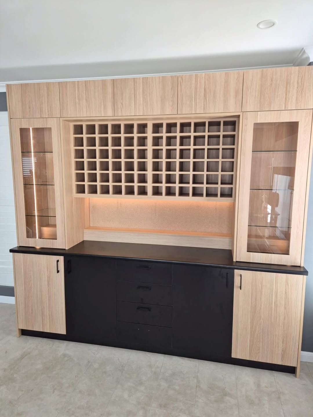 Wooden Built-in Cabinet With Grid Display Shelf — Piscopo Kitchens Plus In Forster, NSW
