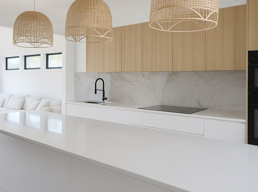 Kitchen With White Cabinetry and a Marble Island — Piscopo Kitchens Plus In Forster, NSW