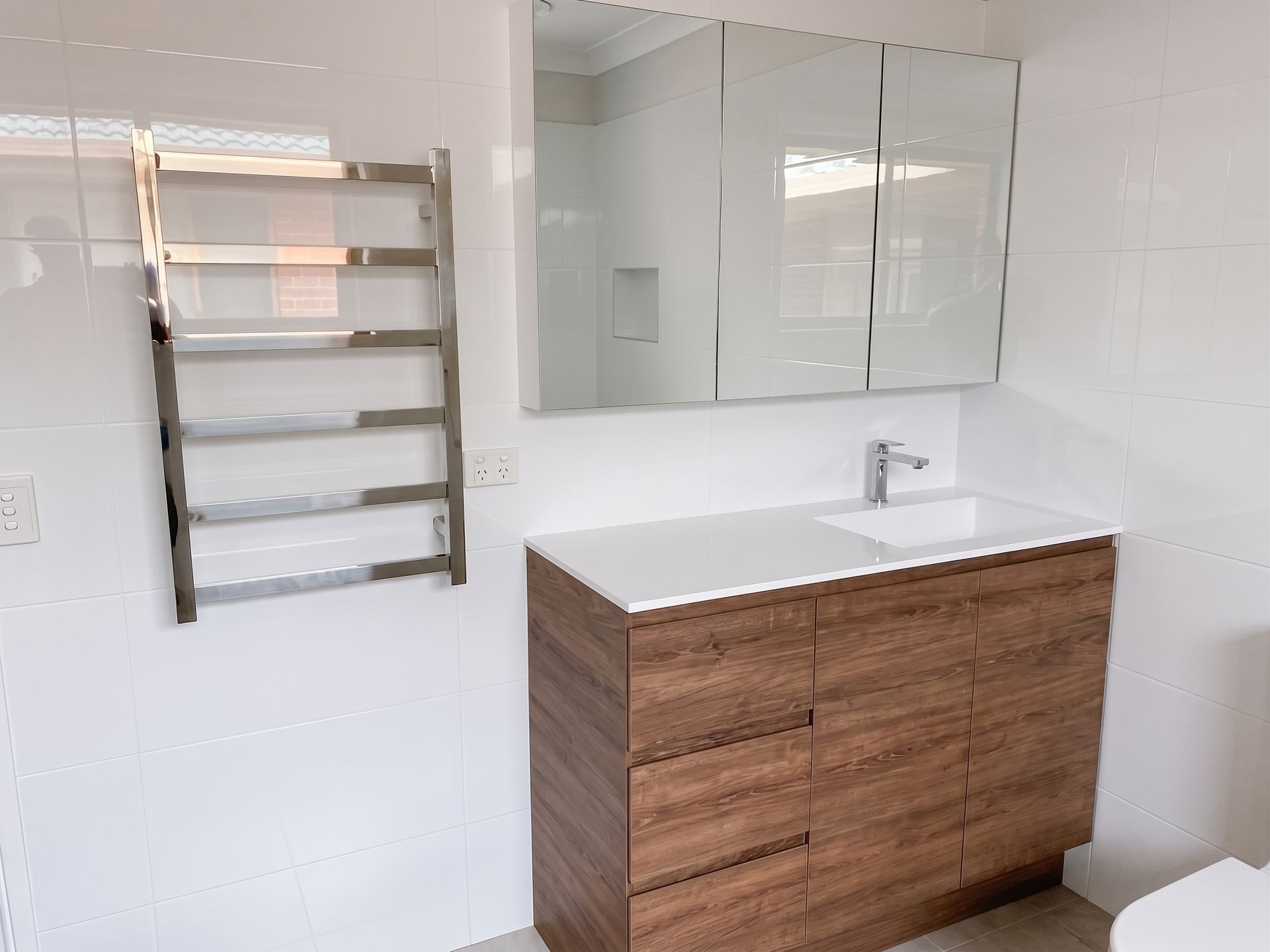 Modern Bathroom Vanity With Wood Drawers— Piscopo Kitchens Plus In Forster, NSW
