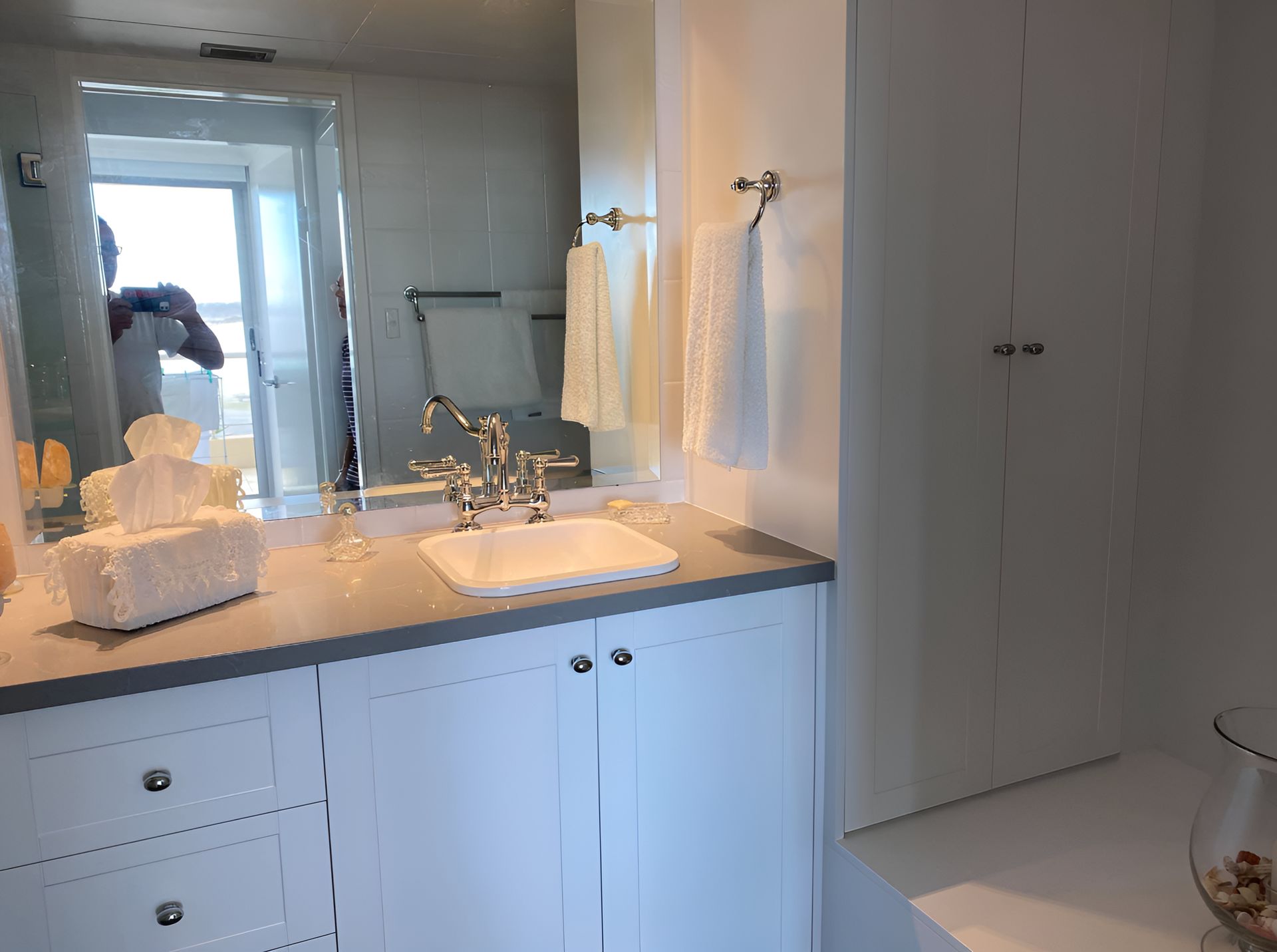 Bathroom With White Cabinetry and a Sleek Sink — Piscopo Kitchens Plus In Old Bar, NSW