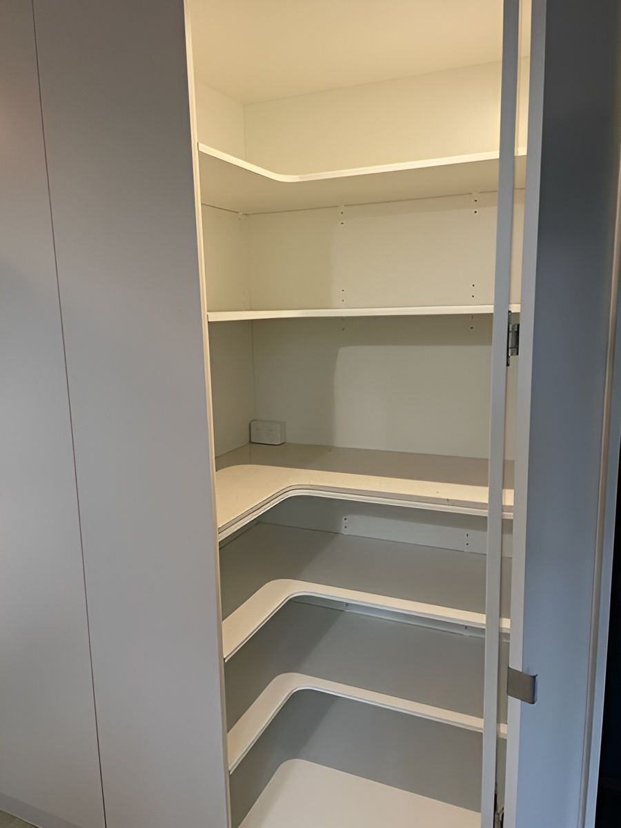 Open Grey Pantry Cupboard — Piscopo Kitchens Plus In Forster, NSW