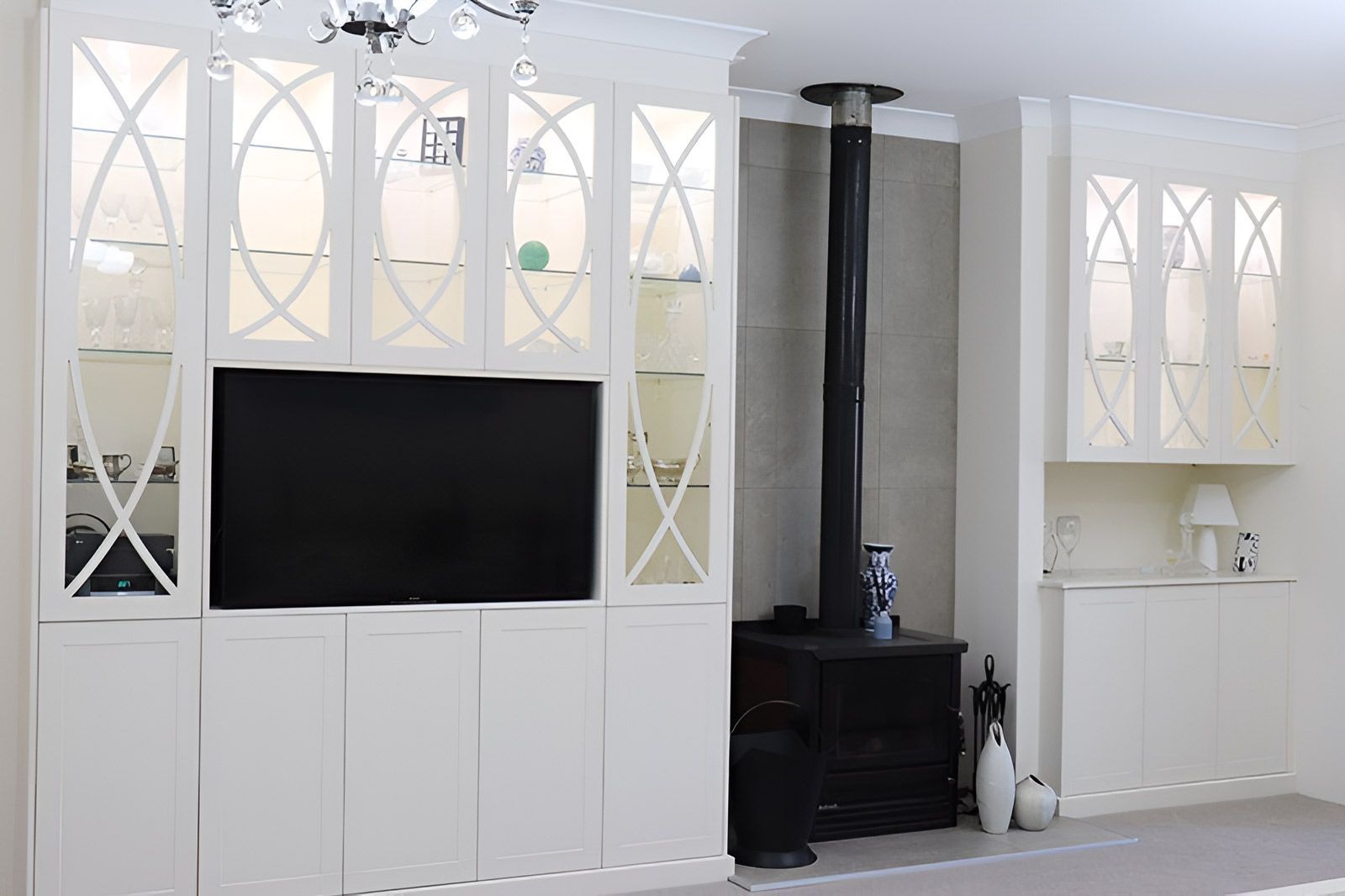 Living Room With White Cabinetry Framing a TV — Piscopo Kitchens Plus In Wingham, NSW