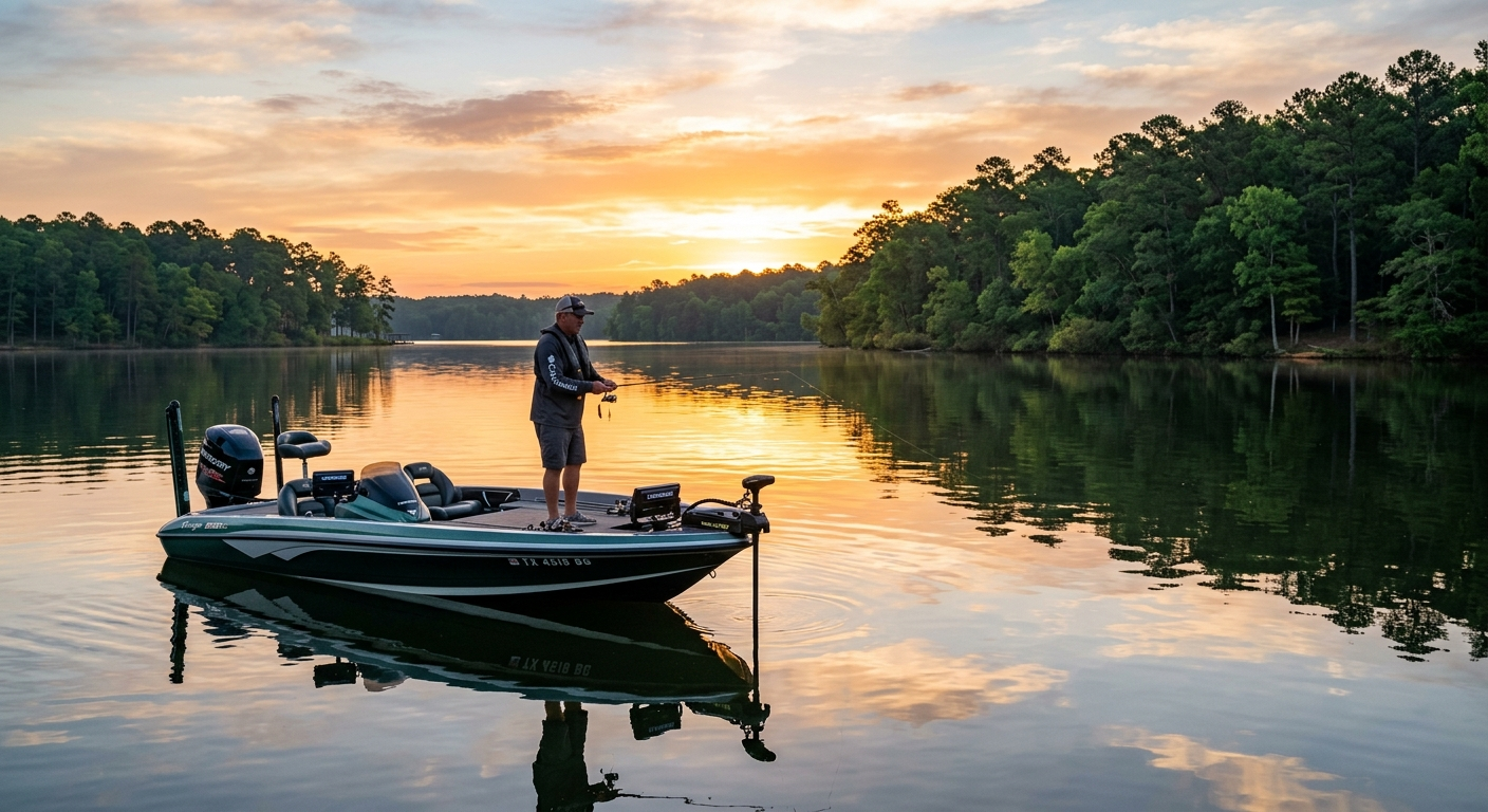 A motorboat cruising across a calm Texas lake at sunset with forested shoreline in the background