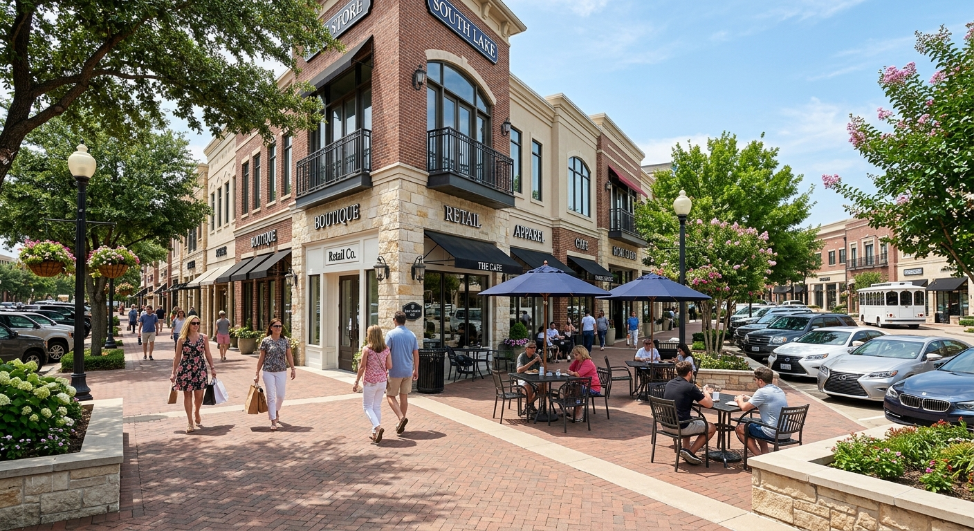 Southlake Town Square storefronts with Texas blue sky, representing local business owners seeking commercial insurance