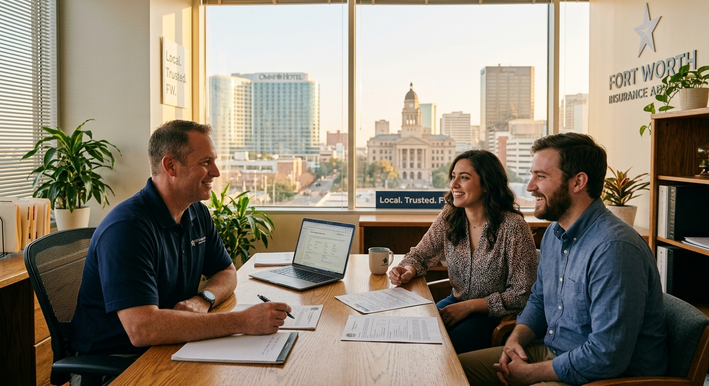 Local insurance agent sitting across a desk from a Fort Worth couple, reviewing car insurance documents together in a bright