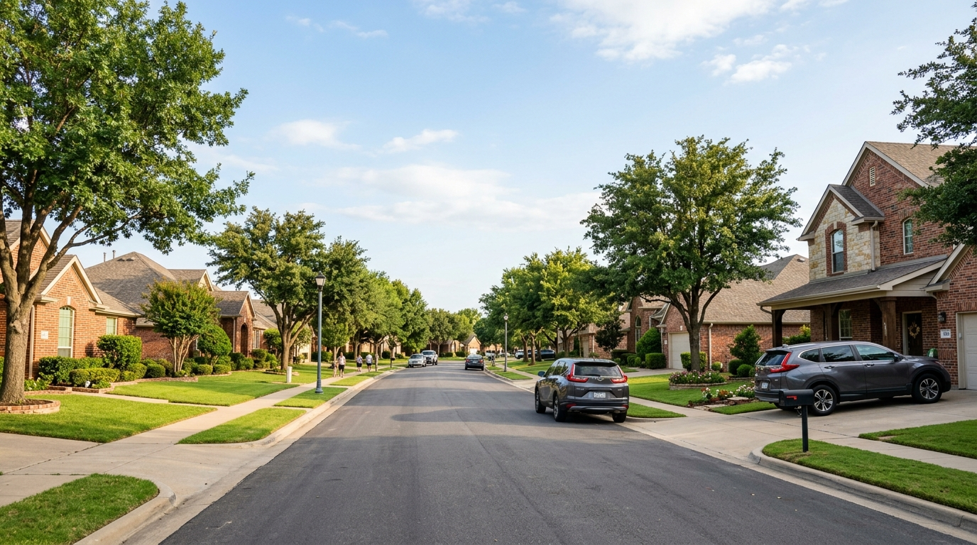 A sedan parked on a suburban street in Burleson Texas on a partly cloudy afternoon with a neighborhood visible in the