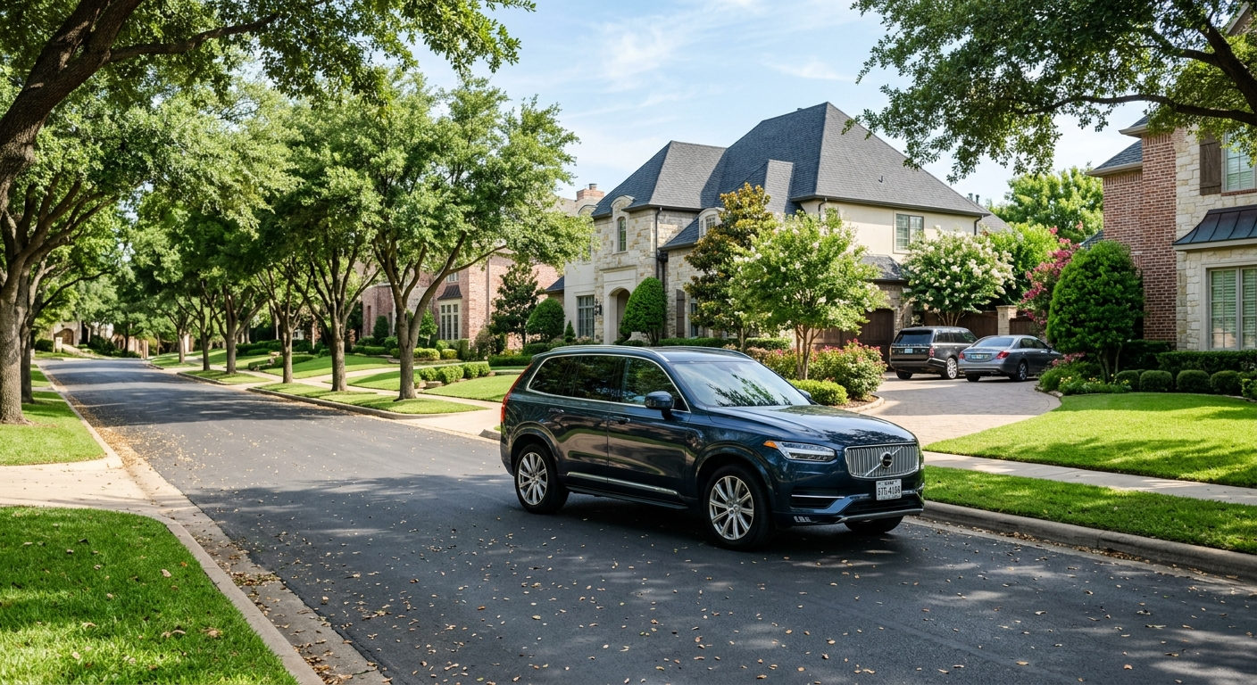 A silver SUV parked on a tree-lined residential street in a quiet Texas suburb on a sunny afternoon