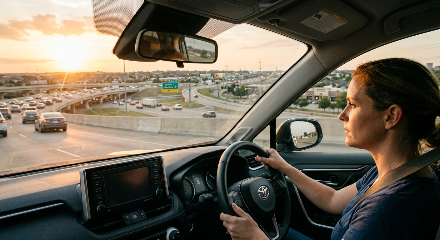 A driver in a suburban Texas neighborhood getting into a car on a sunny morning with homes and green trees in the background