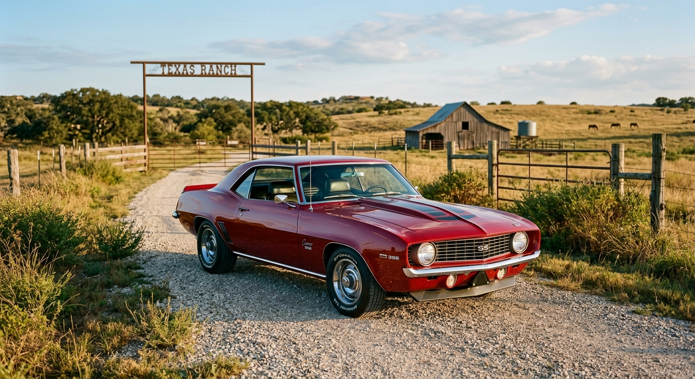A fully restored 1967 Ford Mustang fastback in red parked on a sunny Texas highway with open countryside in the background