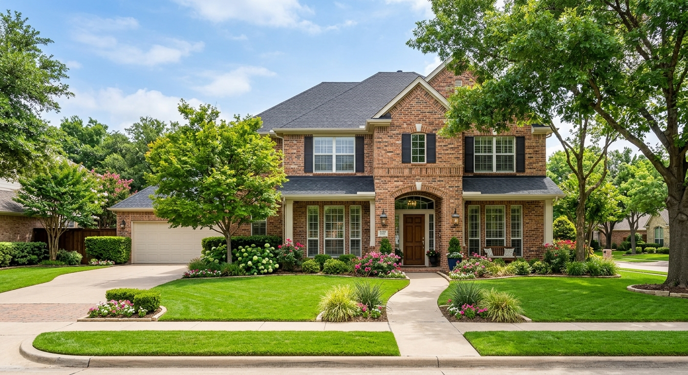 A large custom brick home in a Colleyville Texas neighborhood on a clear sunny day with a well-kept lawn and mature trees