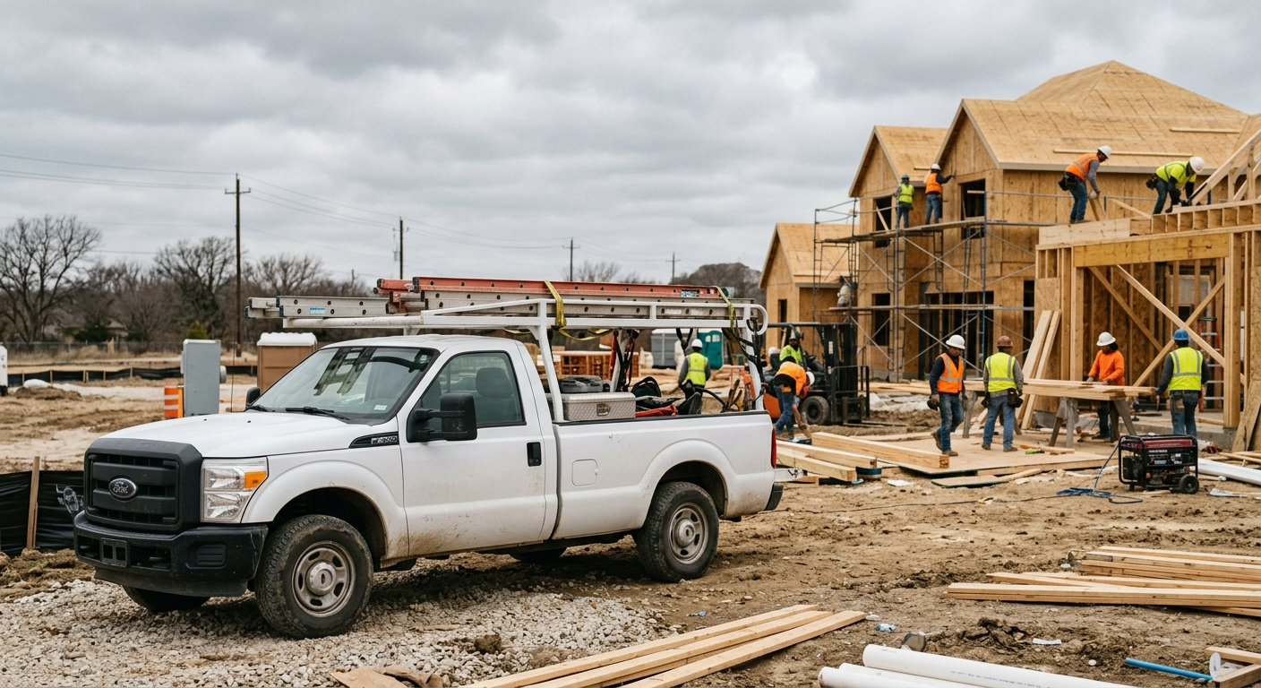 White contractor work truck parked at a North Texas job site with tools visible in the truck bed under a clear sky