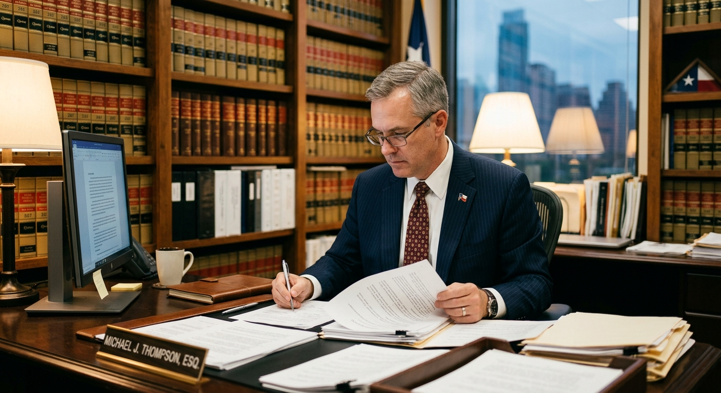 Business owner at a desk reviewing insurance policy documents in a Fort Worth Texas office