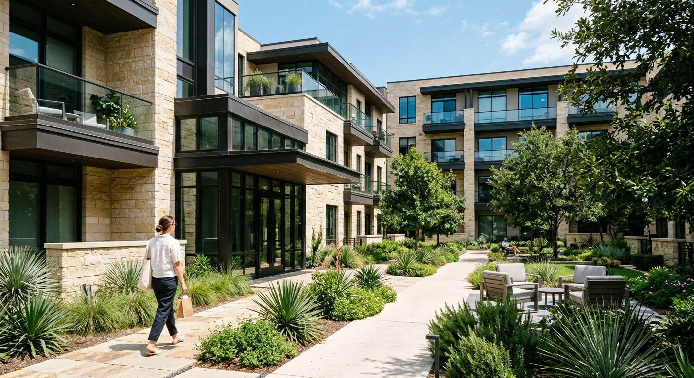 A modern Texas condo building exterior on a clear day with residential units and a landscaped courtyard