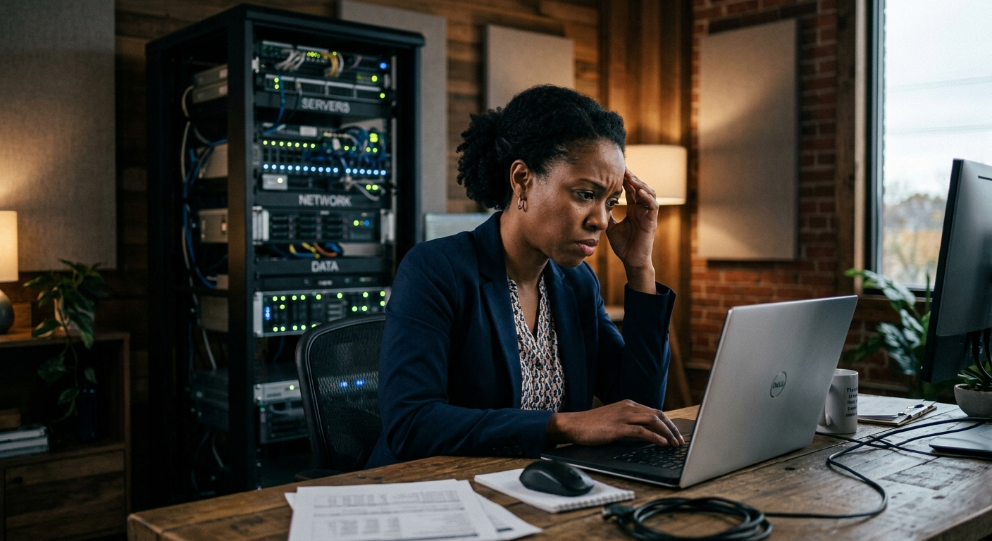 Small business owner reviewing cybersecurity policy documents at a desk with a laptop displaying a data security alert