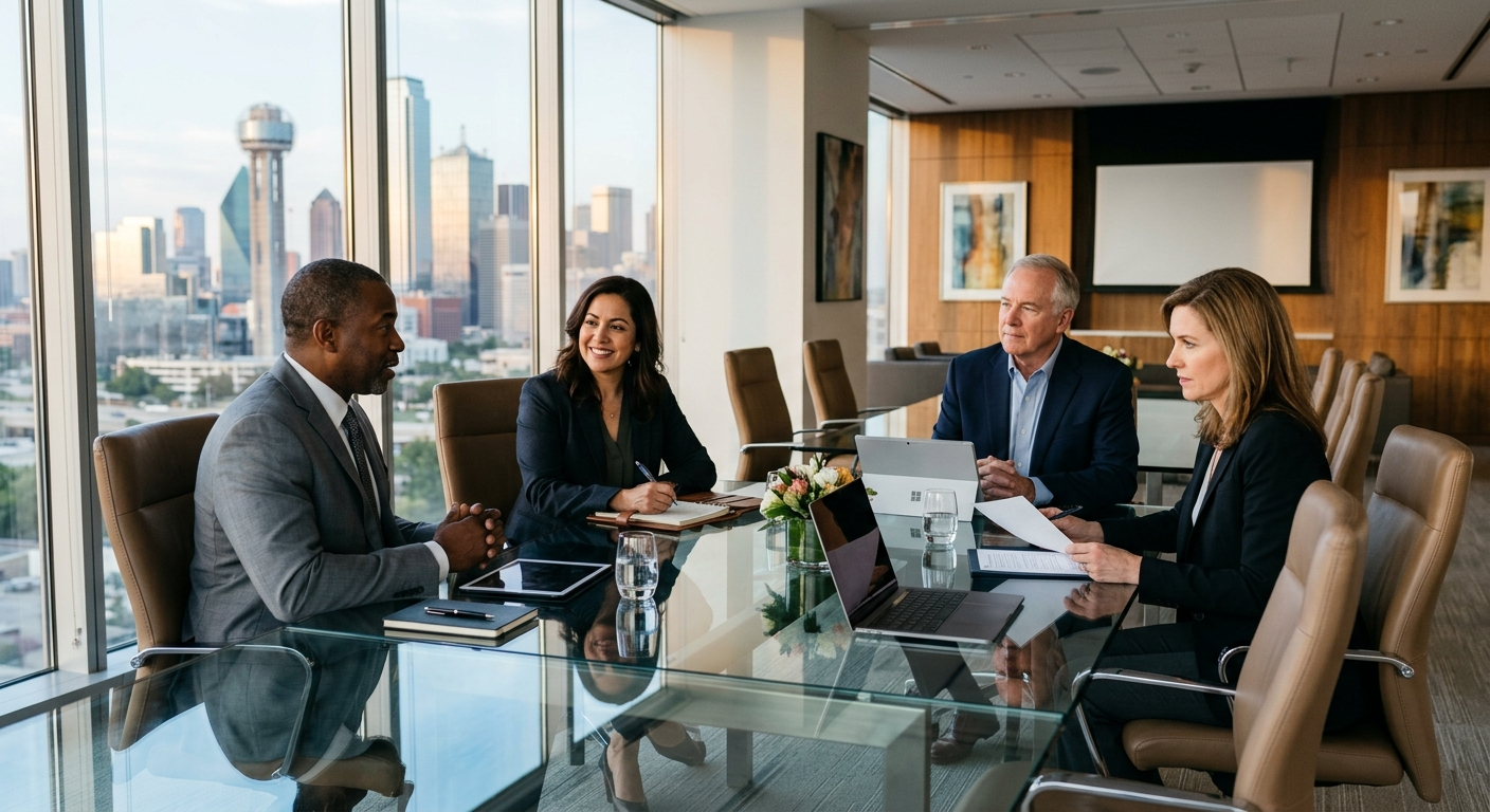 Business executives reviewing documents at a conference table in a modern Fort Worth office